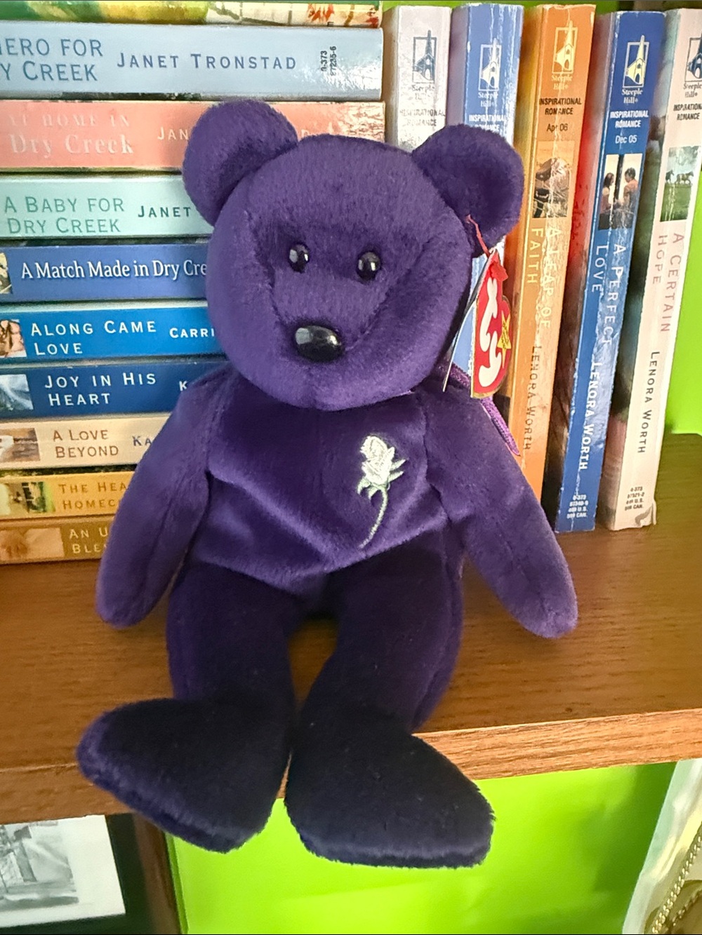Ty Purple Beanie Baby Bear with Silver Embroidered Rose